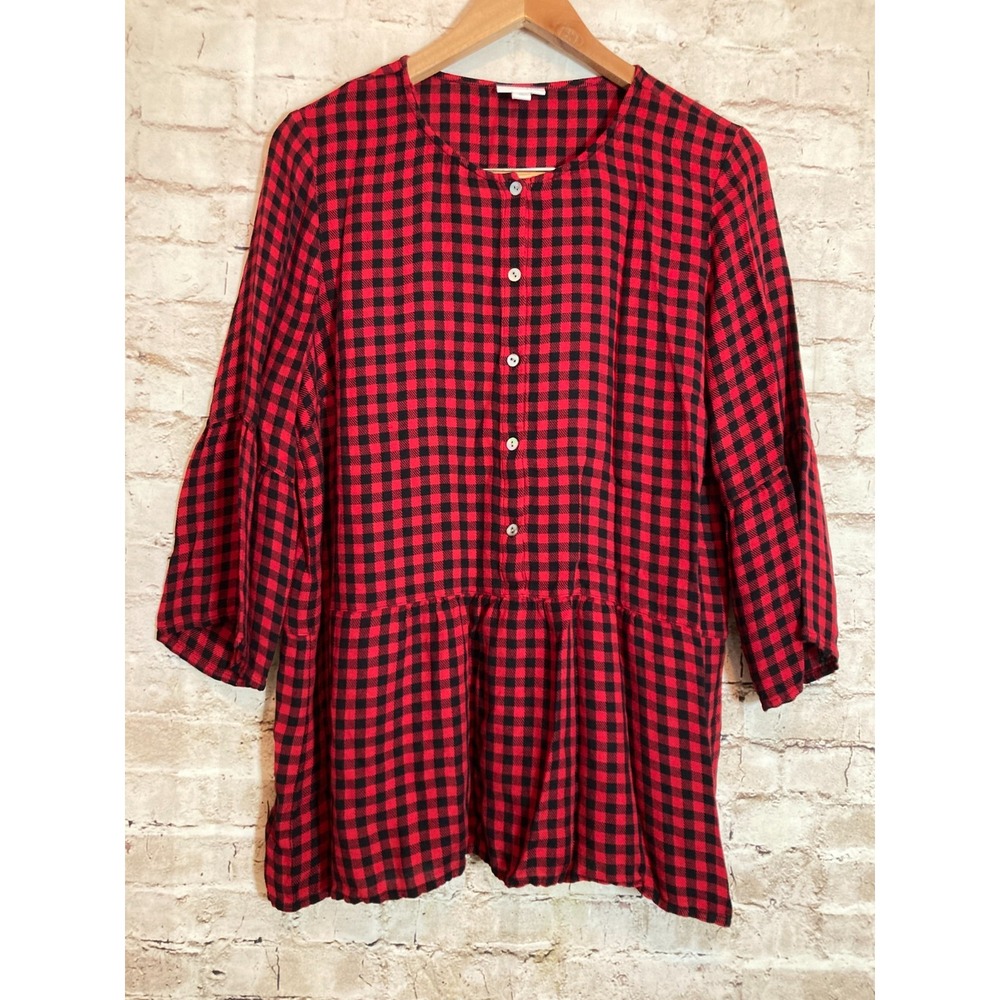 J. Jill Babydoll Top Womens Medium Tall Red Buffalo Check Plaid Flowy Ruffle Hem